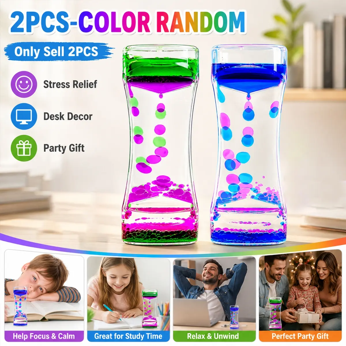 2Pcs Liquid Motion Bubbler Timer Set- Colorful Liquid Hourglass for Stress Relief and Focus, Stress Relief Gadget, Calming Visual for Stocking, Rainbow Water Timer, Desktop Liquid Timer,Great and Charming, for Office Home Desk Decor, Party Gift Idea