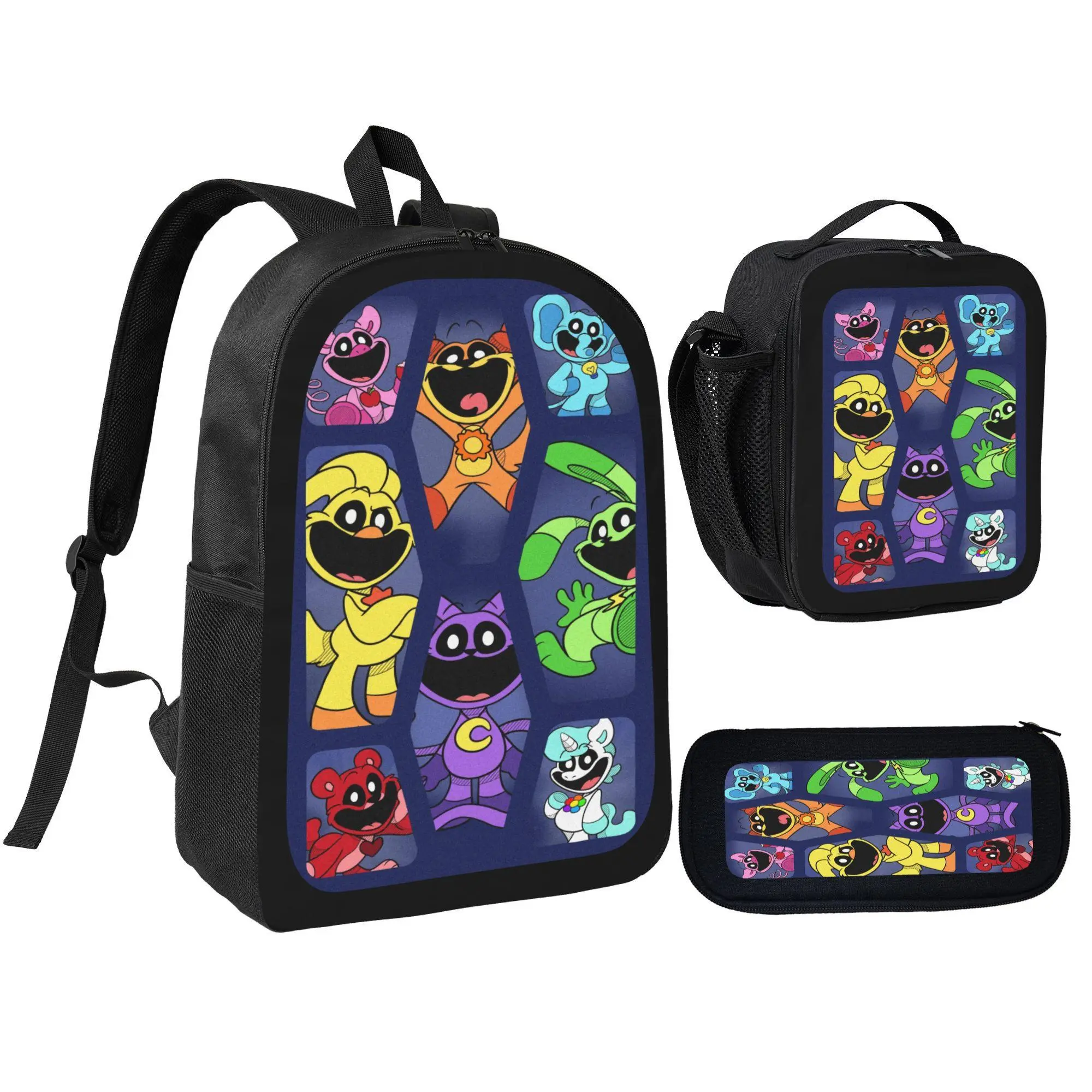 Kids' 3-Pcs Polyester Backpack Set, Rainbow Friends Cartoon Print, Adjustable Back-to-School Bag with Multi-Pockets, Lunch Bag & Pencil Pouch