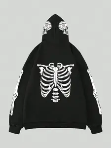 Men's Skeleton & Skull Print Drop Shoulder Zip Up Hoodie, Fashion Casual Regular Fit Pocket Hooded Outerwear for Daily Holiday Wear, Men Clothes for Fall & Winter, Halloween