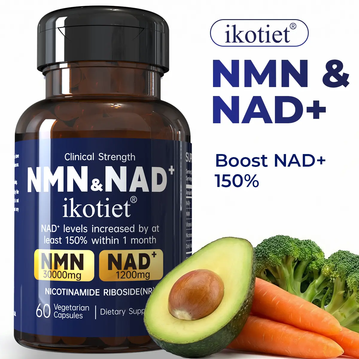 ikotiet NMN & NAD+ Enhanced Complex Formula Vitamin Dietary Supplement, Nicotinamide Mononucleotide, Gluten-Free Vegan Capsules, Highly Bioavailable for Active Adults' Daily Energy & Metabolism Support, 60 Capsules/Bottle