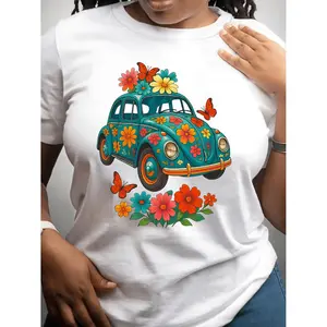 Women's Vintage Turquoise Floral T-Shirt - Soft Breathable Short Sleeve Blouse Suitable for Daily & Party Wear, Round Neck Casual Shirt, Machine Washable Spring Summer Fall Outfits