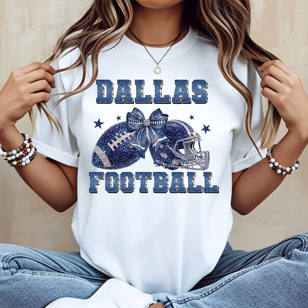 Dallas Football Glitter Helmet And Ball Bow Print T-Shirt, NFL Team Spirit Fan Apparel, Casual Game Day Wear