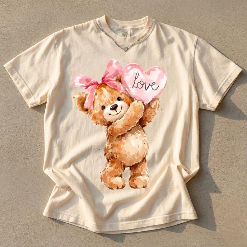 Valentine Bear Shirt, Coquette Teddy Heart Comfort Colors Tee, Pink Bow Cute Valentine Gift