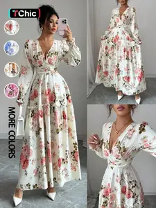 Women's Floral Print Dress, French Romantic Design, Ruched Wooden Cuffs, Lantern Sleeves, Slimming Waist, Long Maxi Dress for Spring & Fall, Casual Dress