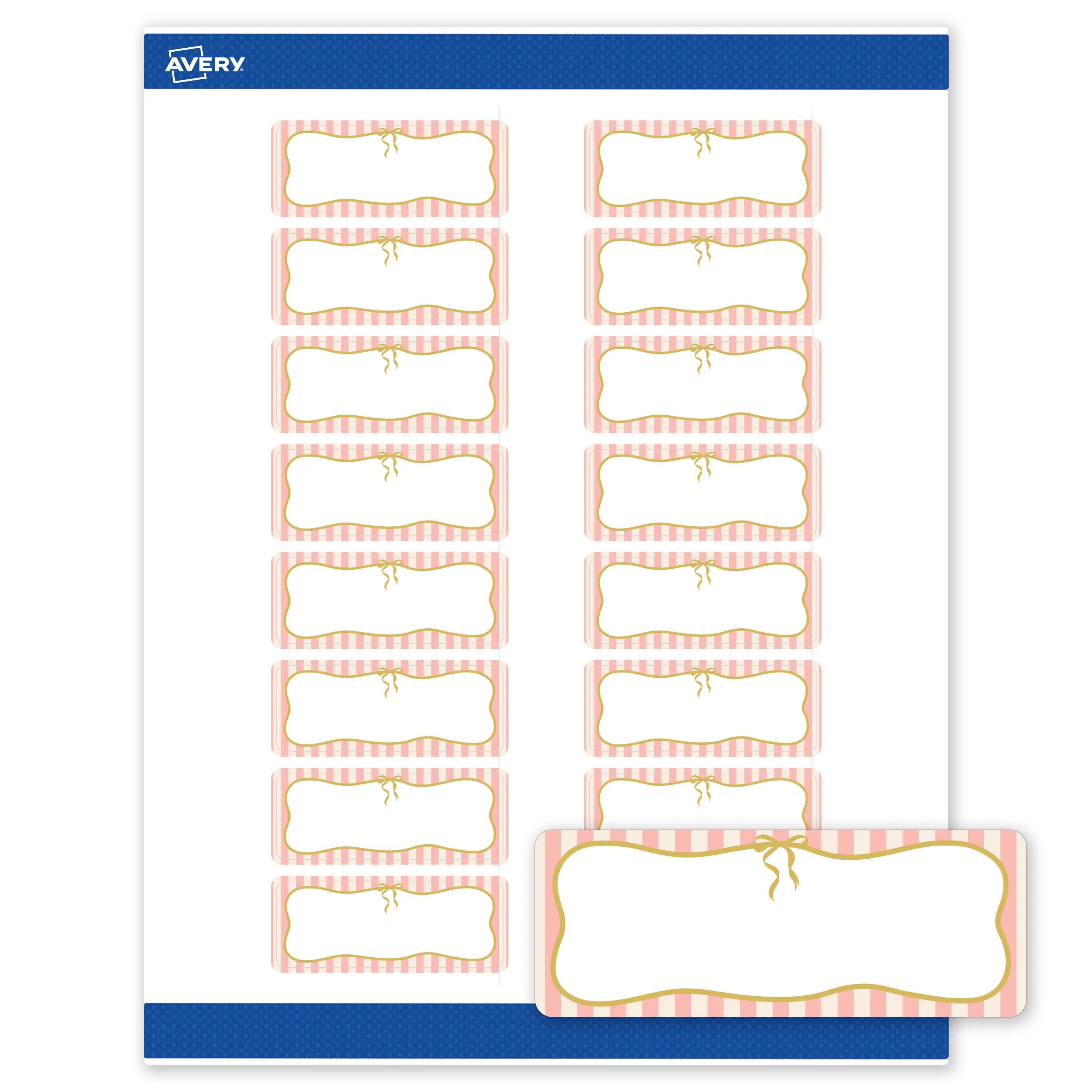 Avery Printable Address Labels, Rectangular Aesthetic Office Supplies, 1"x2-5/8" Matte White, Pre-printed Pink Stripes/Metallic Gold Bow, Sure Feed Technology, Laser & Inkjet Compatible, 320 Total Labels