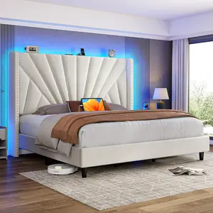 Raybee Full/ Queen/King Size Bed Frame with 51" Velvet Upholstered Headboard, up to 900 LBS ,Platform Bedframe with Charging Station and LED Lights, Wingback Headboard, No Box Spring Needed, Noise-Free[Black Friday]