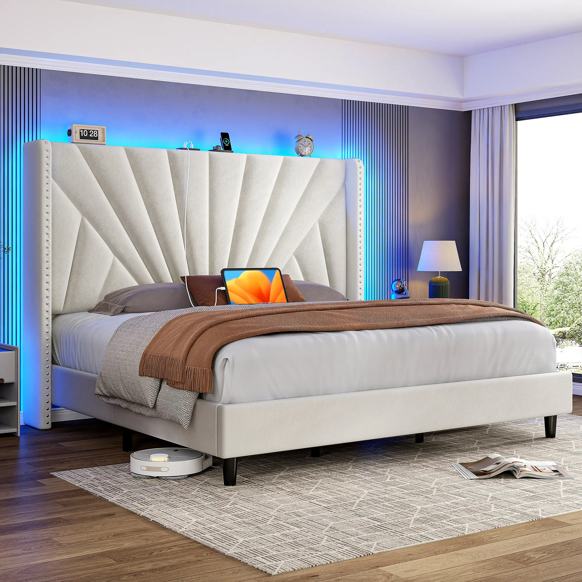 Raybee Full/ Queen/King Size Bed Frame with 51" Velvet Upholstered Headboard, up to 900 LBS ,Platform Bedframe with Charging Station and LED Lights, W