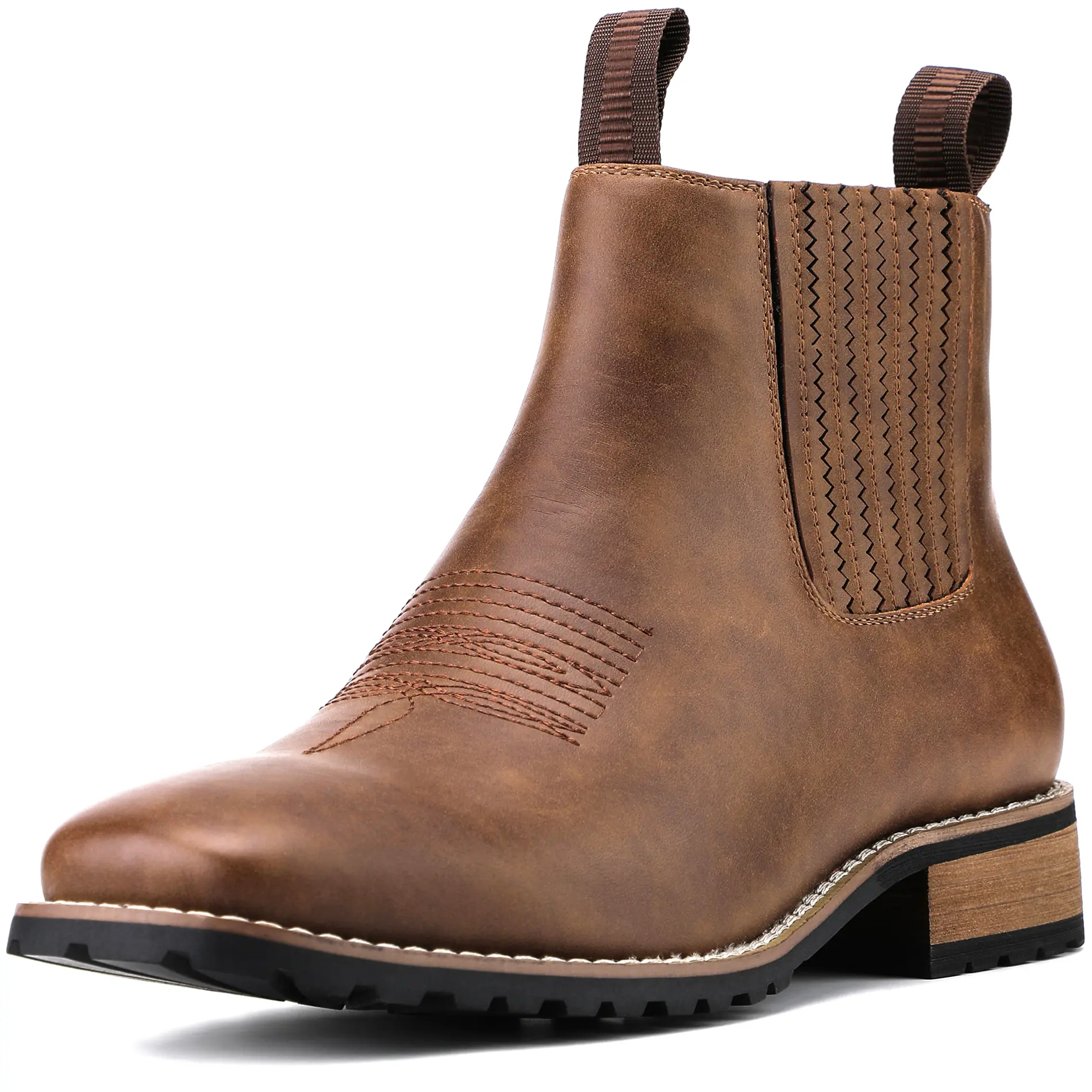 JASONSTAR Men's Western Style Chelsea Ankle Boots, Classic PU Leather Slip-On with Square Toe and Rubber Sole for Work & Casual, Less Than Ankle, Vintage, Flat Heel, Western Elegance