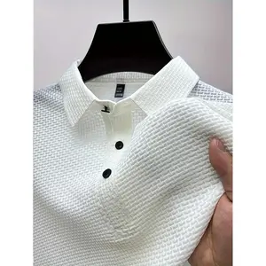 Men's plain color knitted jacquard polo shirt, summer regular fit casual short sleeve, breathable sweat-absorbing button-down polo, summer polo shirt, men's T-shirt, back to school men's clothing, men's apparel.(Sheets)