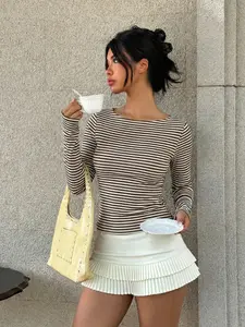Women's Fashion Striped Long Sleeve T-Shirt, Casual Fitted Inner Layer, Comfortable Street Style, All Seasons Wear, Trendy Vintage Look, Everyday, Womenswear, Streetwear