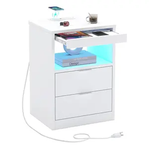 SIKAIC LED Nightstand with 2 Drawers and Wireless Charging Station Modern Wooden End Side Table for Bedroom Living Room Furniyure Multifunctional Durable Convenient Sturdy Storage