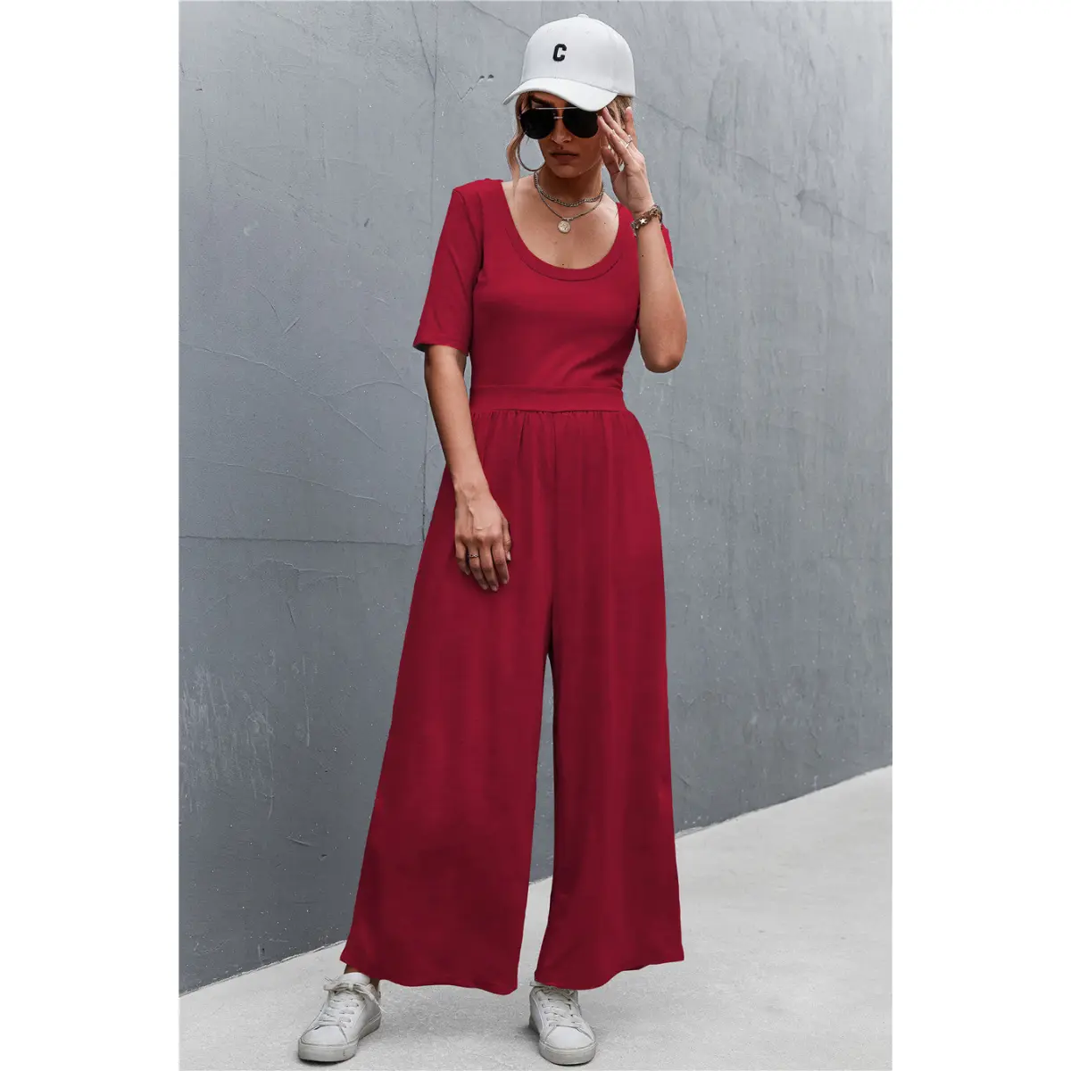 Scoop Neck Half Sleeve Wide Leg Jumpsuit