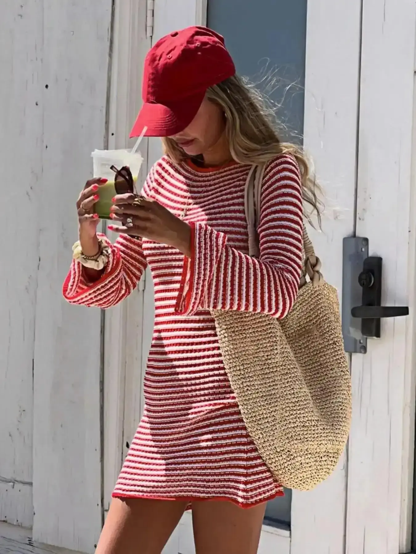 Women's Round Neck Contrast Color Striped Flared Sleeve Summer Casual Fashion Commute Versatile Short Knitted Dress, Simple Style, Classic Design, All Season Use, Soft Material, All Closet Staple vacation essential