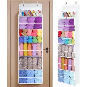 Hanging Yarn Storage Organizer with 6 Zipper Closure Compartments, Large Capacity Knitting Organizer Storage, Over the Door Hanging Yarn Holder for Knitting Needles, Crochet Hooks(Clear White)