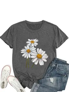 【Plus Size】Women's Plus Size Daisy Print Round Neck Short-Sleeve Casual T-Shirt, Summer Daily Wear Top