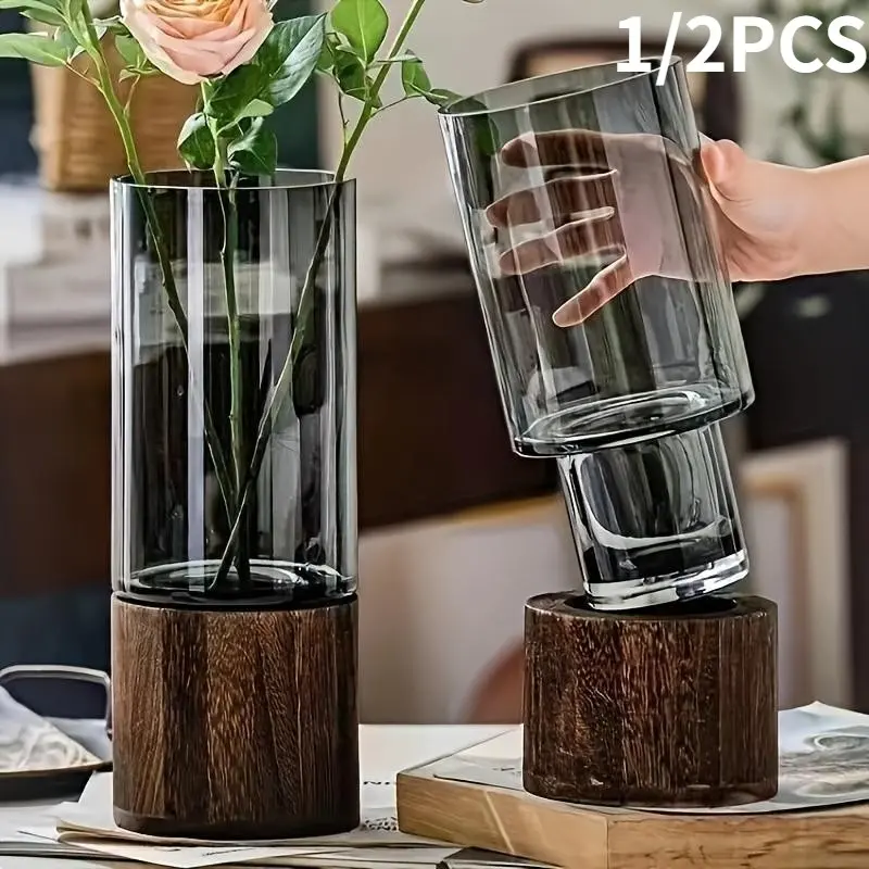 Elegant Glass Vase with Wooden Base, Decorative Vase, Flower Arrangement Vase, Vases for Flowers, Perfect Living Room and Dining Table Decoration, Home Decoration, Ideal Gift for Friends and Family