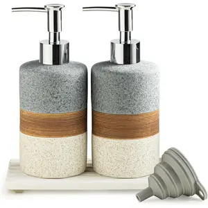 Ceramic Soap Dispenser Set (2-piece) -- Suitable for hand soap, dish soap, shampoo, and body wash dispensers in bathrooms and kitchens, equipped with a stainless steel pump, includes a silicone funnel and diatomaceous earth tray, gray