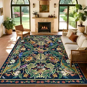 Jungle Living Room Area Rug Boho Washable Floral Large Bedroom Rugs Non Slip Soft Botanical Woodland Birds Carpet for Kids Playroom Dining Room Dorm Nursery Office Machine Washable Non Slip Rubber Backing