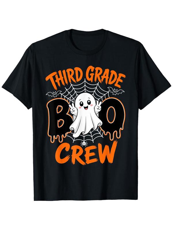 Women's 3rd Grade Boo Crew Halloween Graphic T-Shirt - Cute Ghost Spider Web Print, Short Sleeves, Round Neck, Fall Holiday Casual Top for Teachers & Students