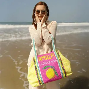 Amalfi Beaded Tote with Embroidery - Colorful Beads, and Lemon Graphic Summer Bags Fashionable Shopping Purse