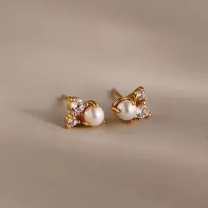 Pearl Diamond Cluster Studs by Caitlyn Minimalist - Dainty Pearl & Diamond Stud Earrings in 18K Gold Finish & Sterling Silver - Floral Jewelry - Bridal Shower Gift for Her