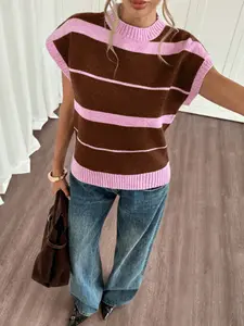 Striped Knit Sweater Tops for Women, Spring Summer Comfortable Short Sleeve Fit Design, Breathable Fabric Perfect for Casual Fridays & Coffee Dates