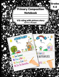 Primary Composition Notebook 1/2 ruling with picture story: Black Primary Writing Journal Grades K-2 with Drawing Space and Dotted midline| ... Draw and Write Journal 8.5 x 11 in|110pages.