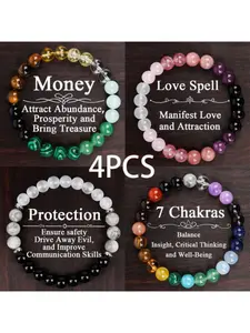 Bohemian Natural Stone Beaded High Quality Bracelet, 4pcs Lucky Charm Design, Ideal Valentines Day Gift for Women & Loved Ones