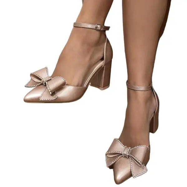 Women's Champagne Rhinestone Bow Block Heel Shoe - Ankle Strap Pumps for Special Occasions, Decor, Wedding, Classy Heels, Tpu, Plain