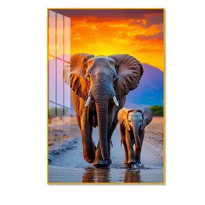 Crystal Porcelain Elephants Wall Art Painting with Golden Aluminum Frame Spiritual Home & Office Decor 24x36 inches Premium Porcelain Surface High Definition Print Durable Fade Resistant Easy to Clean