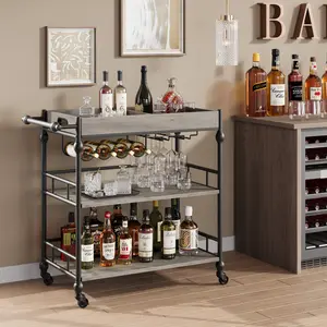 OUTGOODS Gray 3-Tier Rolling Durable Metal Bar Cart with Built-In Wine Rack, Removable Tray, Storage Shelf & Bar Accessories Organiser – Functional Serving Cart for Kitchen, Dining Room