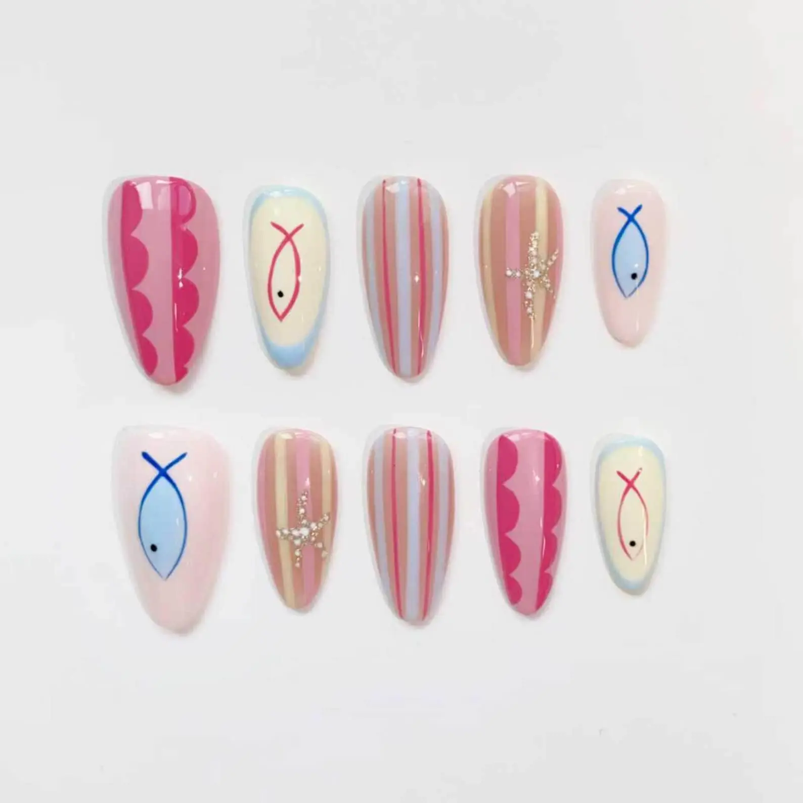 Colorful fish nails/press on nails long almond nails/Cute Nails/Pink wavy nails/blue striped nails/Starfish nails/Birthday Nails Custom