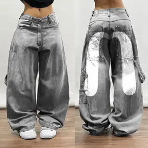 Hiphop Couple Print  Jeans, Wide Leg Y2K Streetwear Baggy Jeans, Retro Denim Pants, Street Hip Hop Retro Casual Big Pocket Oversized Jeans,
