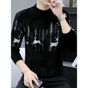 Bmuvlss Men's Thermal Sweater - Winter Warm Pullover with Asymmetrical Hem & Round Neck, Black & White Deer Forest Pattern, Durable Fabric, Cozy Cold Weather Sweater for Christmas, New Year's & Everyday Winter Outfits - Stylish Men's Clothing for Outdoor
