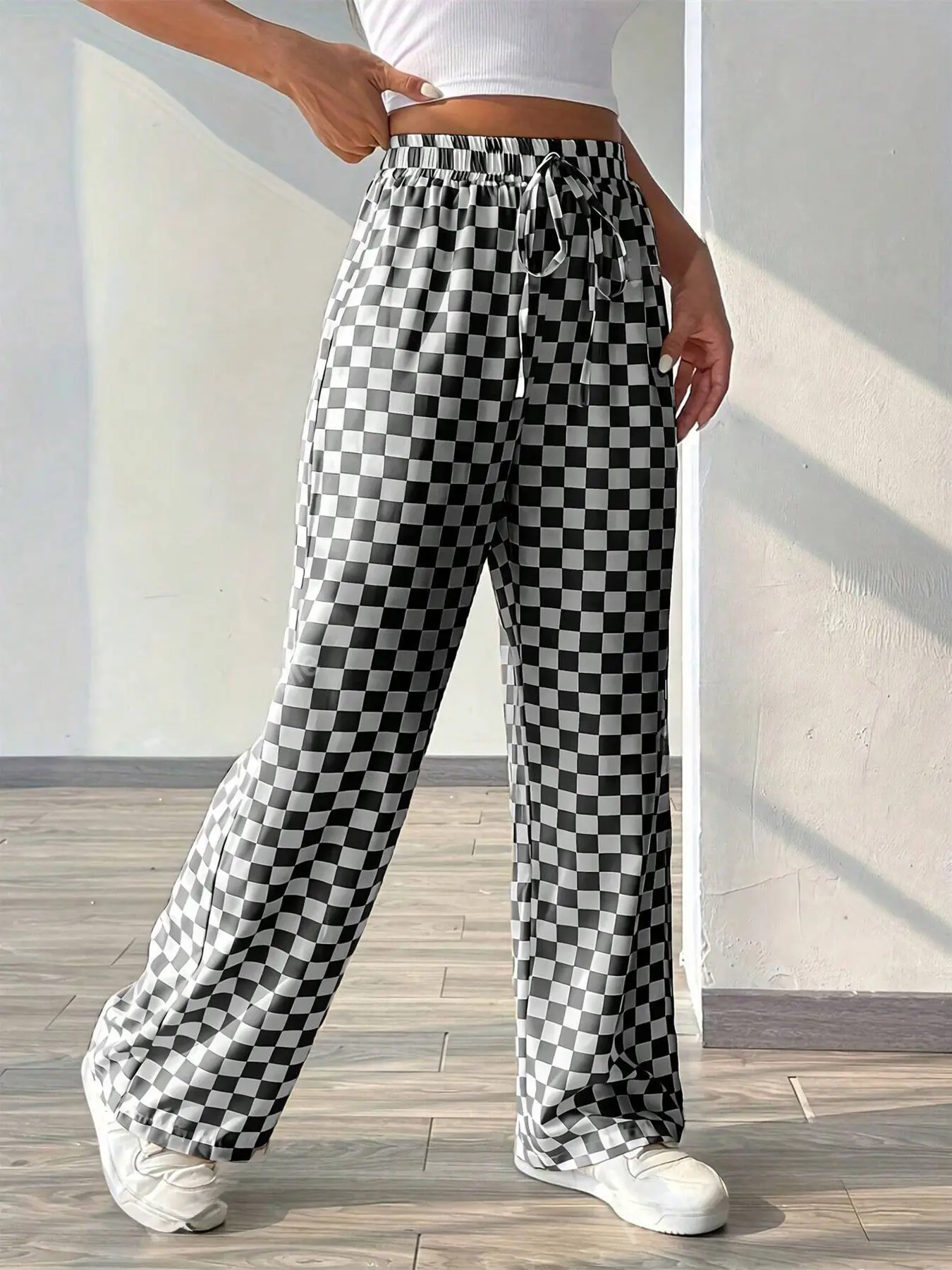Women's Plaid Print Casual Comfy Fit Loose Wide Leg Pants, Elastic Waist Belted Design, Comfortable & Stylish Long Trousers for Daily Wear, Casual Comfy Trousers