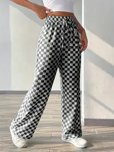 Women's Plaid Print Casual Fashion Loose Wide Leg Pants, Elastic Waist Belted Design, Casual Lounge Pant, Comfortable & Stylish Long Trousers for Daily Wear, Casual Chic Bottoms