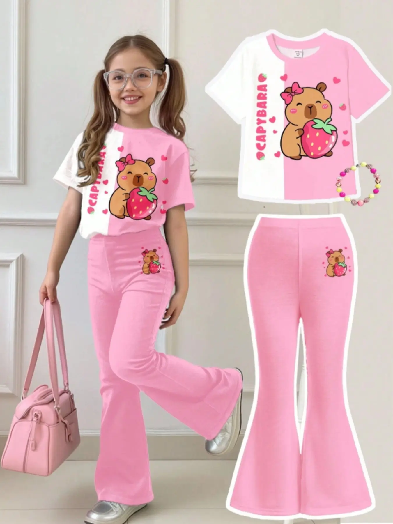 Cute Cartoon Capybara and Strawberry Pattern Short Sleeve T-Shirt and Flared Pants Set, Summer Casual Fit for Teenage Girls, Summer Outfits Set, All Seasons Stylish, Casual Outfit Set, Cute Clothing Set