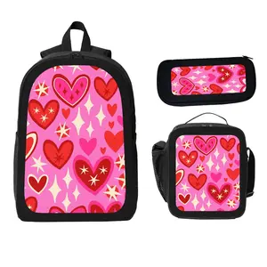 Pink Heart Star Pattern Backpack 3-Piece Set Student Backpack Pencil Case Lunch Bag Designed for Valentine's Day