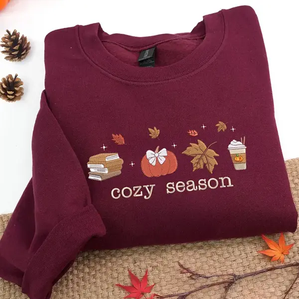 Embroidered Cozy Season Sweatshirt, Autumn Crewneck Sweater, Fall Leaves & Pumpkin Pullover, Cozy Book Lover Sweatshirt, Thanksgiving Fall Gift for Women