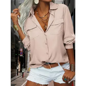 Womens Solid Lapel Long Sleeves Button Casual Basic Office Shirt Top Blouse