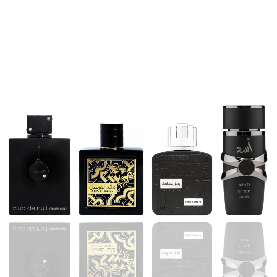 Lattafa Men's Fragrance Quartet Set - Club de Nuit Intense, Qaed al Fursan, Asad Elixir, Ramz Lattafa Silver with Spicy Depth, Aromatic Woody, Citrus Woods, Collectible, Masculine, Perfume-Inspired Fragrances, Aromatic Woody Fragrance, Citrus Woods Fragra