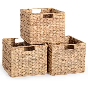 12x12x10 Water Hyacinth Folding Cube Wicker Storage Basket for Shelves, Pantry, Kitchen Organization and Storage