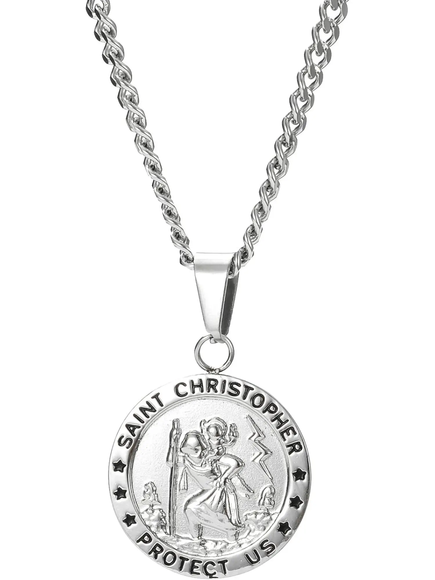 1 Pc St Christopher Medal Necklace Silver 316L Stainless Steel Saint Christopher Necklace for Men Women Religious Amulet Pendant Christian Gifts 22 Inch
