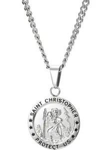 1 Pc St Christopher Medal Necklace Silver 316L Stainless Steel Saint Christopher Necklace for Men Women Religious Amulet Pendant Christian Gifts 22 Inch
