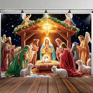 Holy Nativity Christmas Backdrop – Baby Jesus in Manger, Virgin Mary & Angels with Holy Star, Perfect for Religious Christmas Gatherings & Sacred Decor, Brings Solemn Holy Vibe, A Meaningful Festive Gift, 2D Print