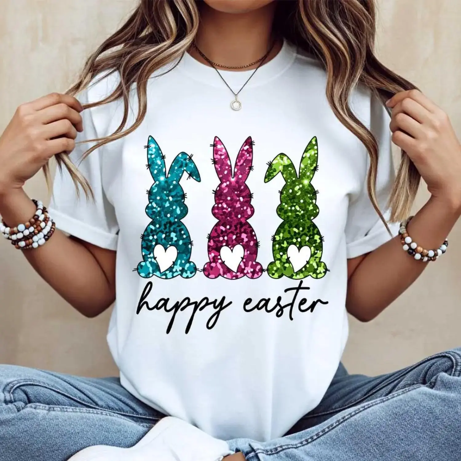 Casual Women Round Neck T-Shirt in White with ThreeColor Glitter Bunny and Happy Easter Print for Spring Festival Celebration
