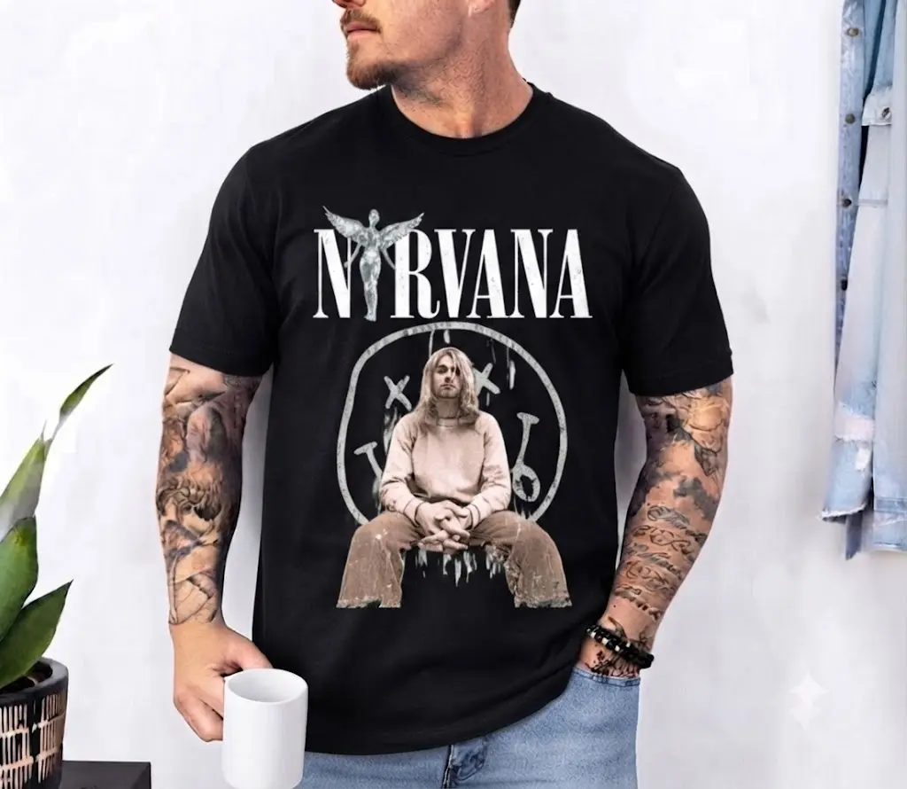 Nirvana Kurt Cobain Vintage Grunge Band T-Shirt, 90s Rock Music Graphic Tee, Smiley Logo Shirt, Retro Alternative Rock Fan Gift, Unisex Oversized Tee