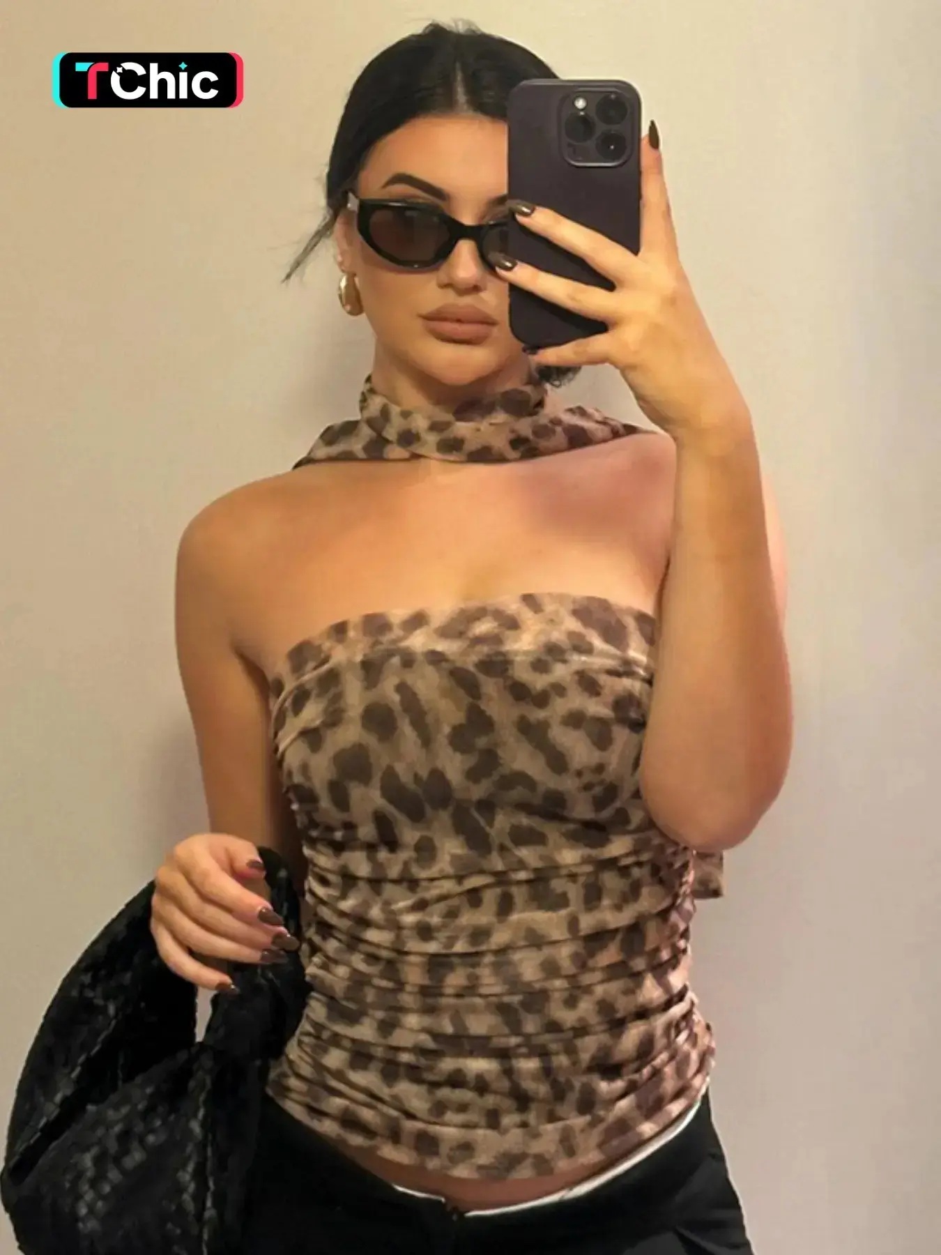 Women's Leopard Print Ruched Crop Strapless Tube Top & Tulle Scarf, Elegant Chic Fashion Backless Top, Ladies Summer Clothes for Dating Club Party Daily Wear