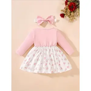 Baby Girl'S Floral Print Long Sleeve Dress with 3D Bow Detail - Soft Pink & Ruffled Hem, Matching Headband, Perfect for Fall/Winter, Baby Girl Dress, Winter Baby Wear, Playful Baby Outfit, Decorative Bow Detail, Soft Fabric Dress