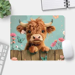 Cute Highland Cow Flower Mouse Pad Floral Cow Charming Design Desk Pad 9x8 Inch Computer Desk Mat with Non-Slip Rubber Base and Durable Stitched Edge for Friends Gift
